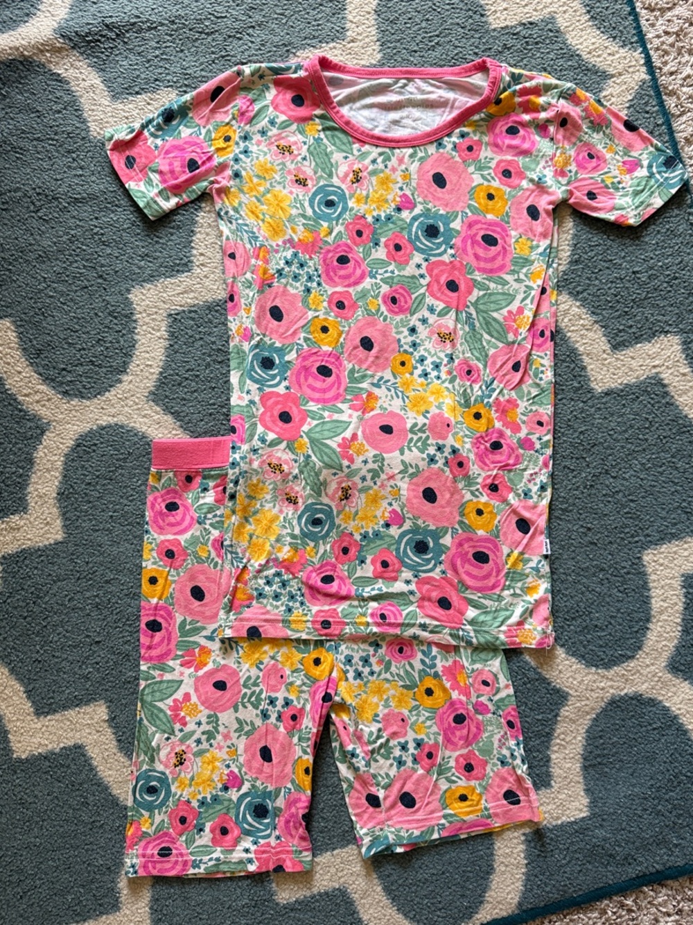 Little Sleepies Pink Floral Short Sleeve Pajama Set with Yellow & Teal Accents